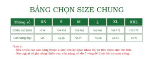 Bảng size áo gió đồng phục size chung cả nam và nữ